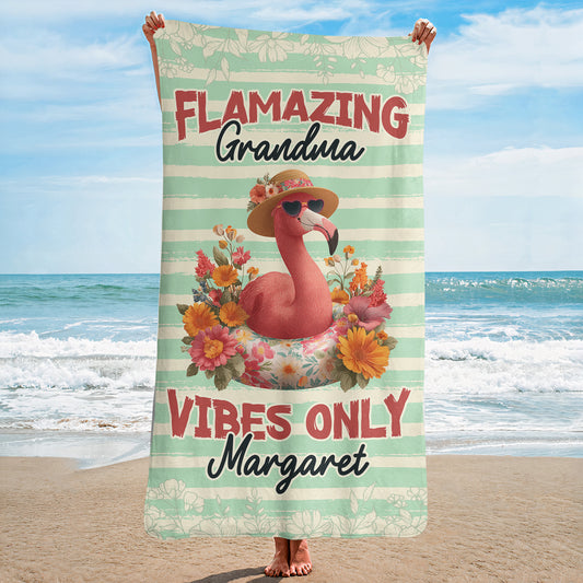 Flamazing Grandma Vibes Only - Personalized Quick-Dry Beach Towel