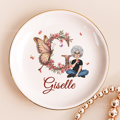 Floral Butterfly Monogram Letter Circle-shaped - Personalized Jewelry Dish