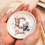 Floral Butterfly Monogram Letter Circle-shaped - Personalized Jewelry Dish