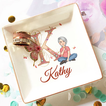 Floral Butterfly Monogram Letter - Personalized Jewelry Dish