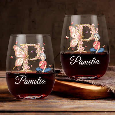 Floral Butterfly Monogram Letter Ver 2 - Personalized Stemless Wine Glass