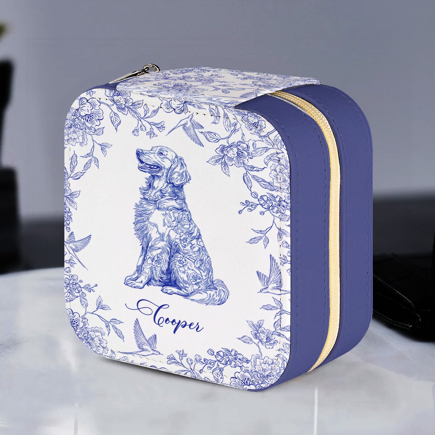 Floral Dog Custom Breeds Toile De Jouy Style Chinoiserie - Personalized Jewelry Box