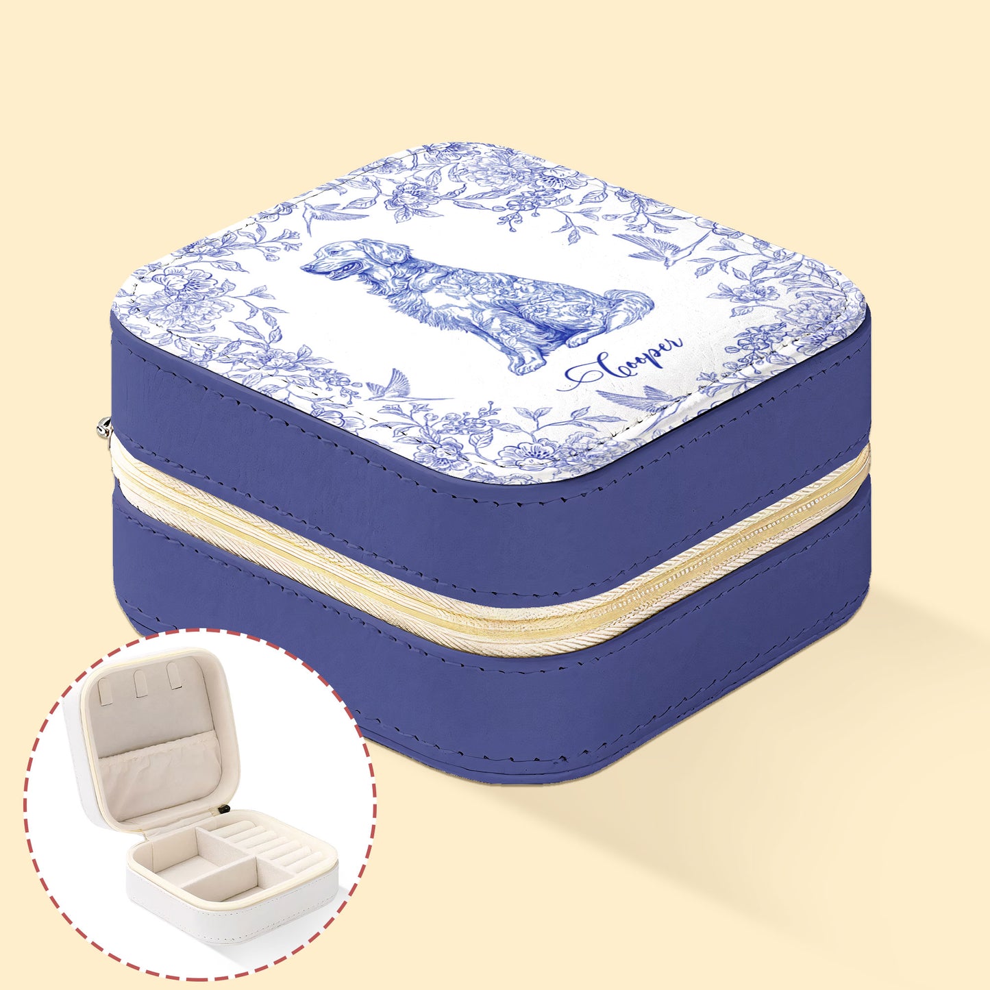 Floral Dog Custom Breeds Toile De Jouy Style Chinoiserie - Personalized Jewelry Box
