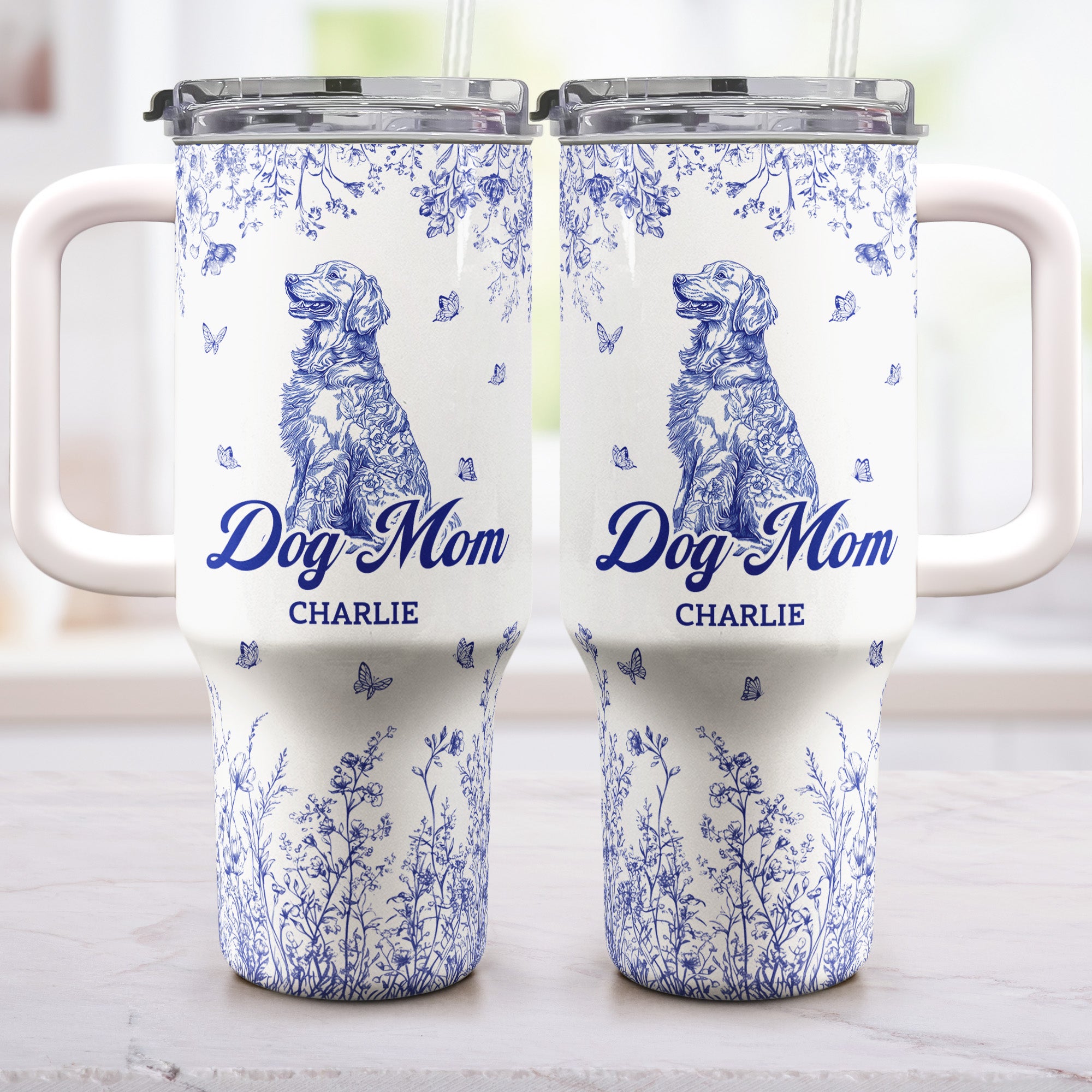 Floral Dog Mom Toile De Jouy Custom Breeds - Personalized 40oz Tumbler With Straw