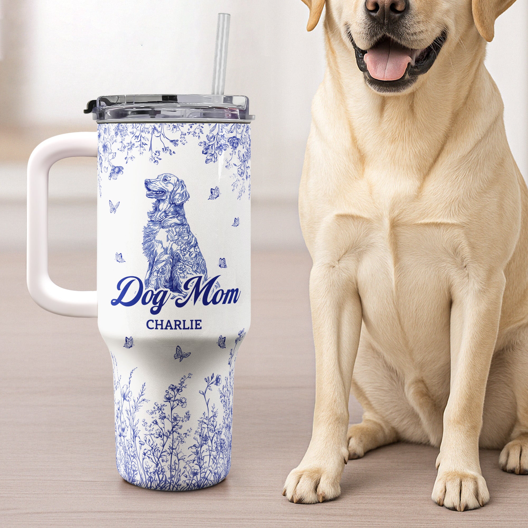 Floral Dog Mom Toile De Jouy Custom Breeds - Personalized 40oz Tumbler With Straw