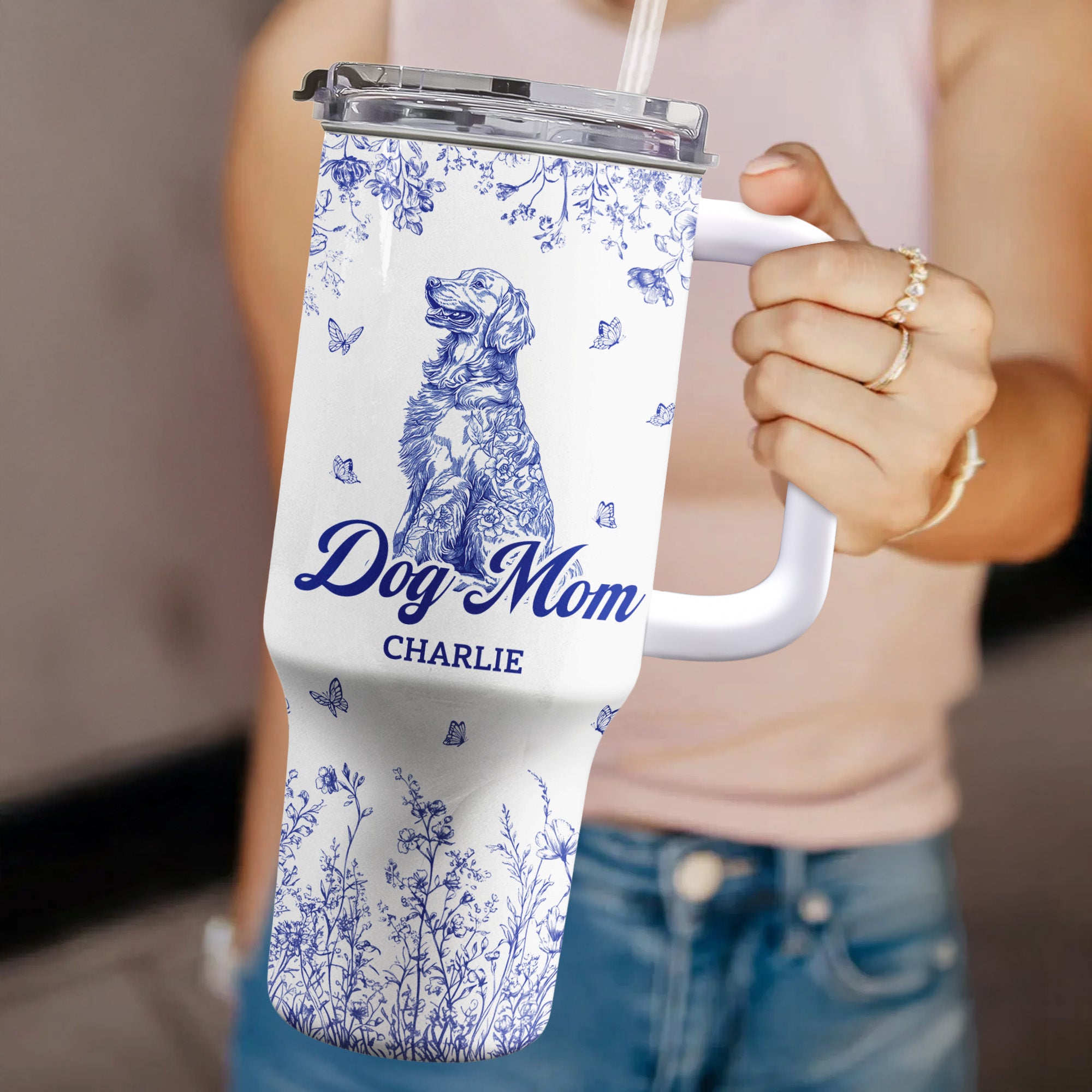 Floral Dog Mom Toile De Jouy Custom Breeds - Personalized 40oz Tumbler With Straw