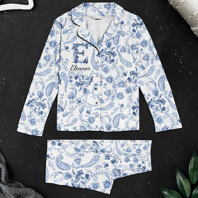 Floral Print Elegant Filigree Alphabet - Personalized Women's Pajamas Set