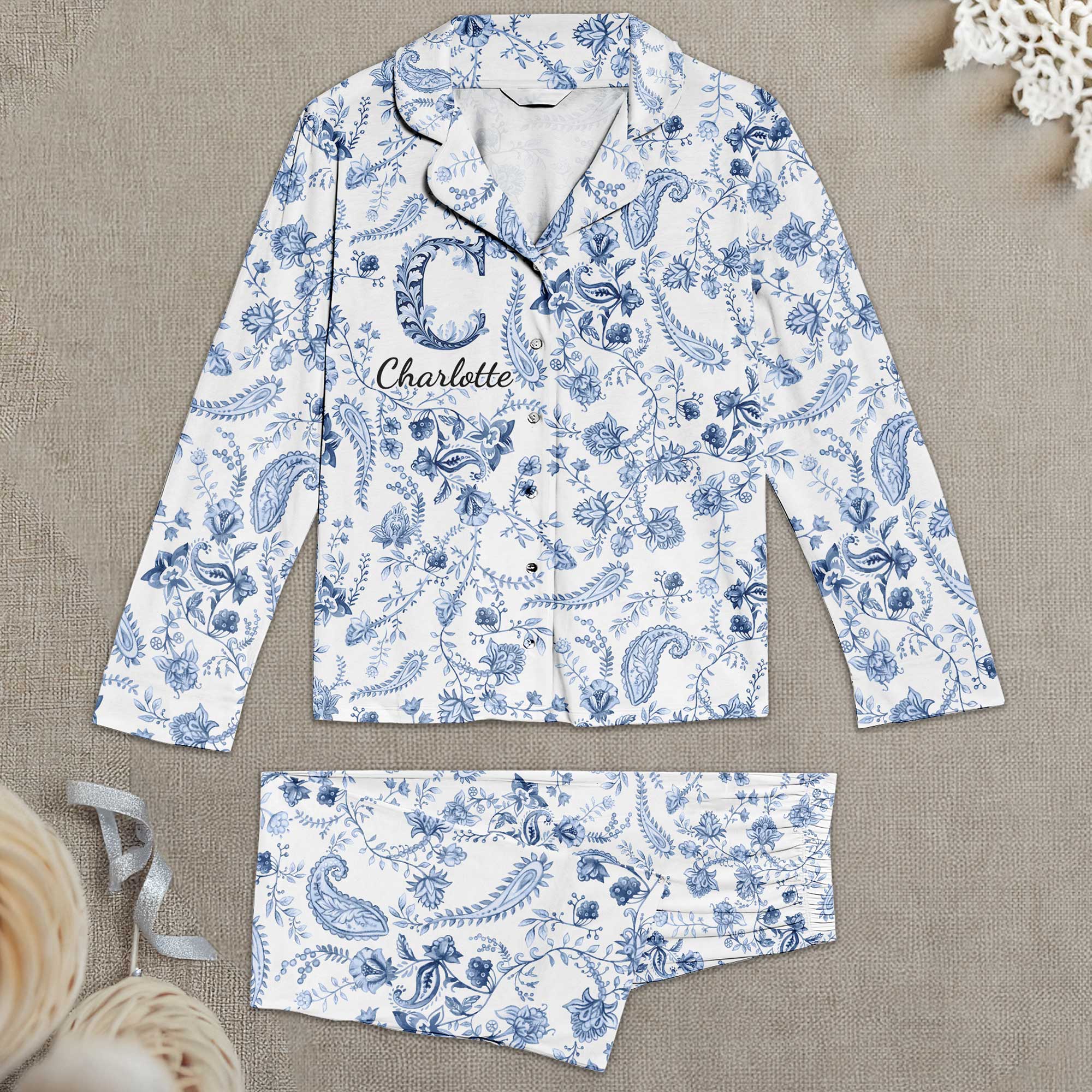 Floral Print Elegant Filigree Alphabet - Personalized Women's Pajamas Set