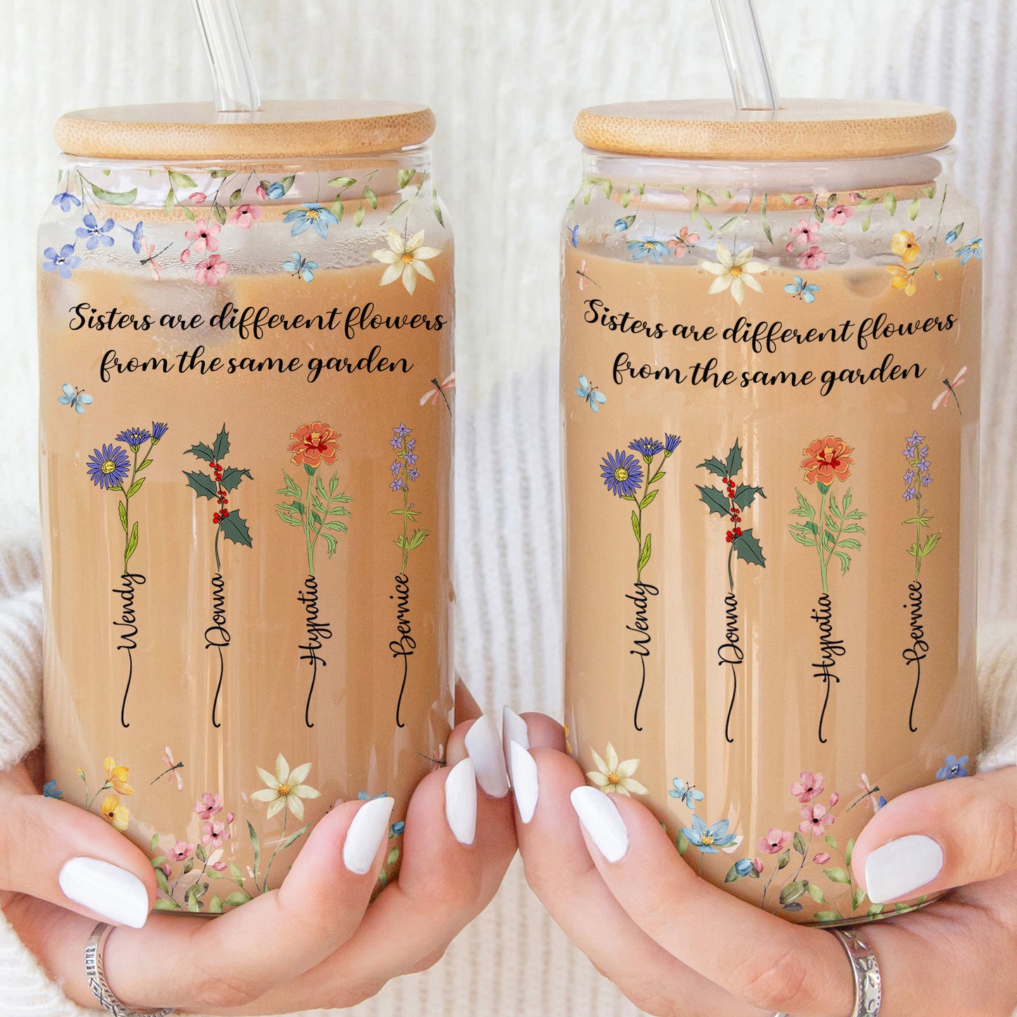 Floral Sisters Are Different Flowers From The Same Garden - Personalized Clear Glass Cup