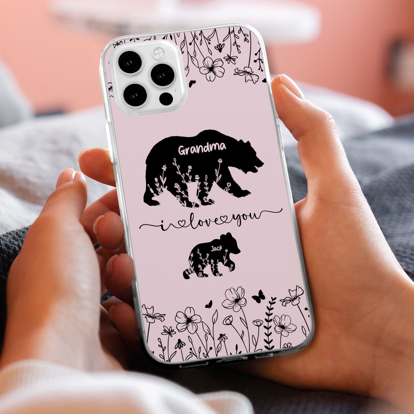 Flower Grandma Bear Mama Bear Custom Kid Name - Personalized Clear Phone Case