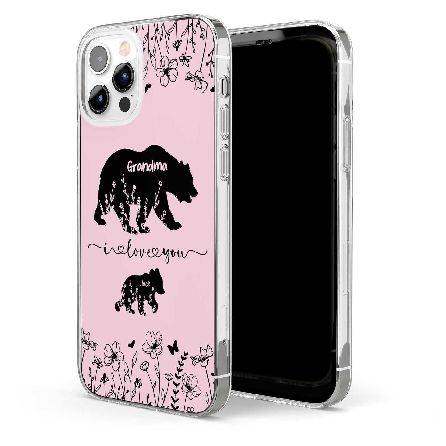 Flower Grandma Bear Mama Bear Custom Kid Name - Personalized Clear Phone Case