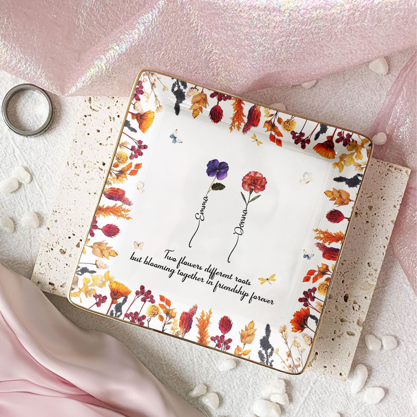 Flowers Blooming Together In Friendship Forever Dried Flower Printed - Personalized Jewelry Dish