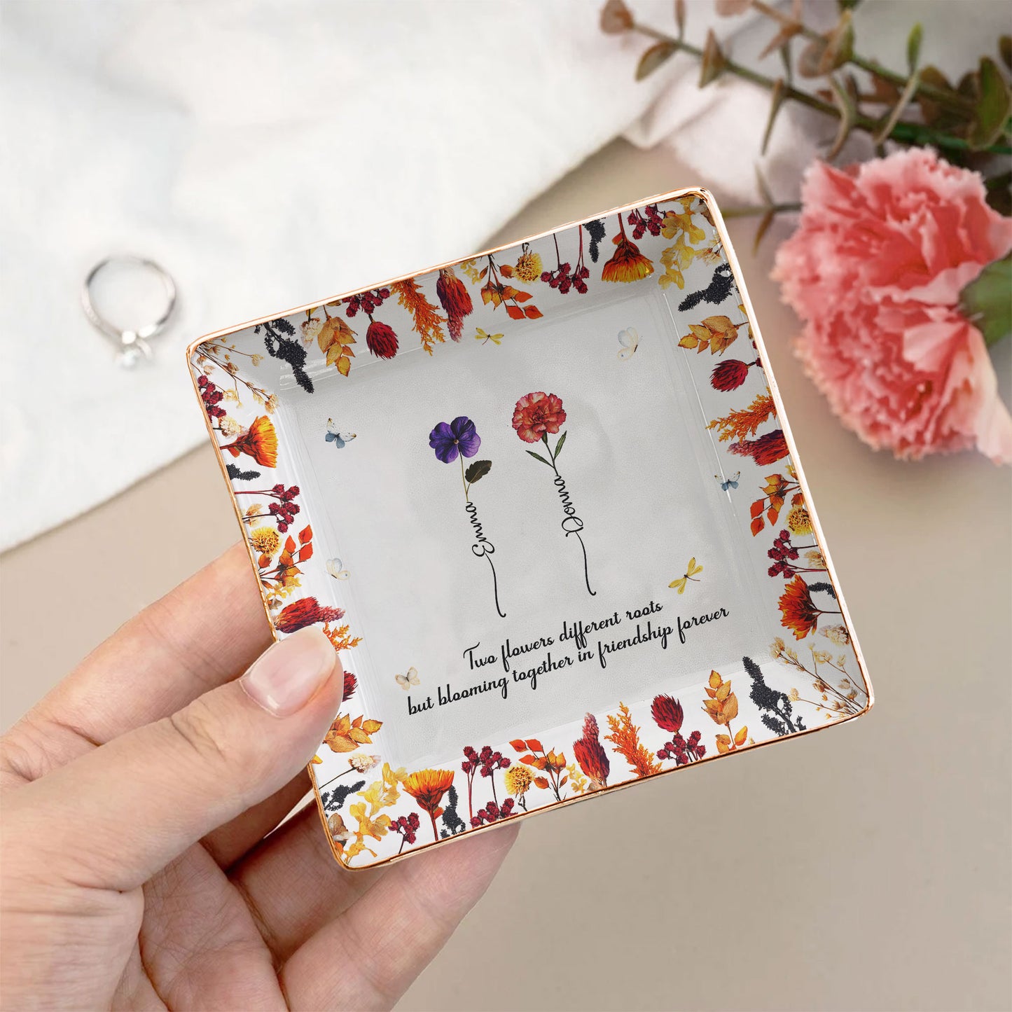 Flowers Blooming Together In Friendship Forever Dried Flower Printed - Personalized Jewelry Dish