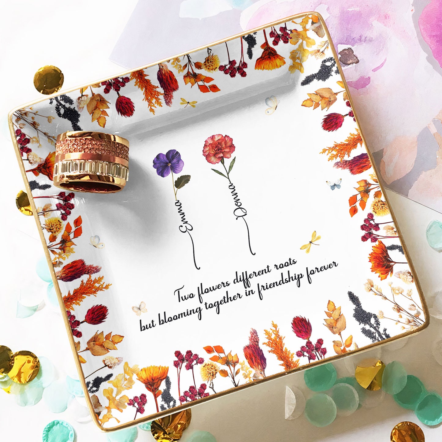 Flowers Blooming Together In Friendship Forever Dried Flower Printed - Personalized Jewelry Dish