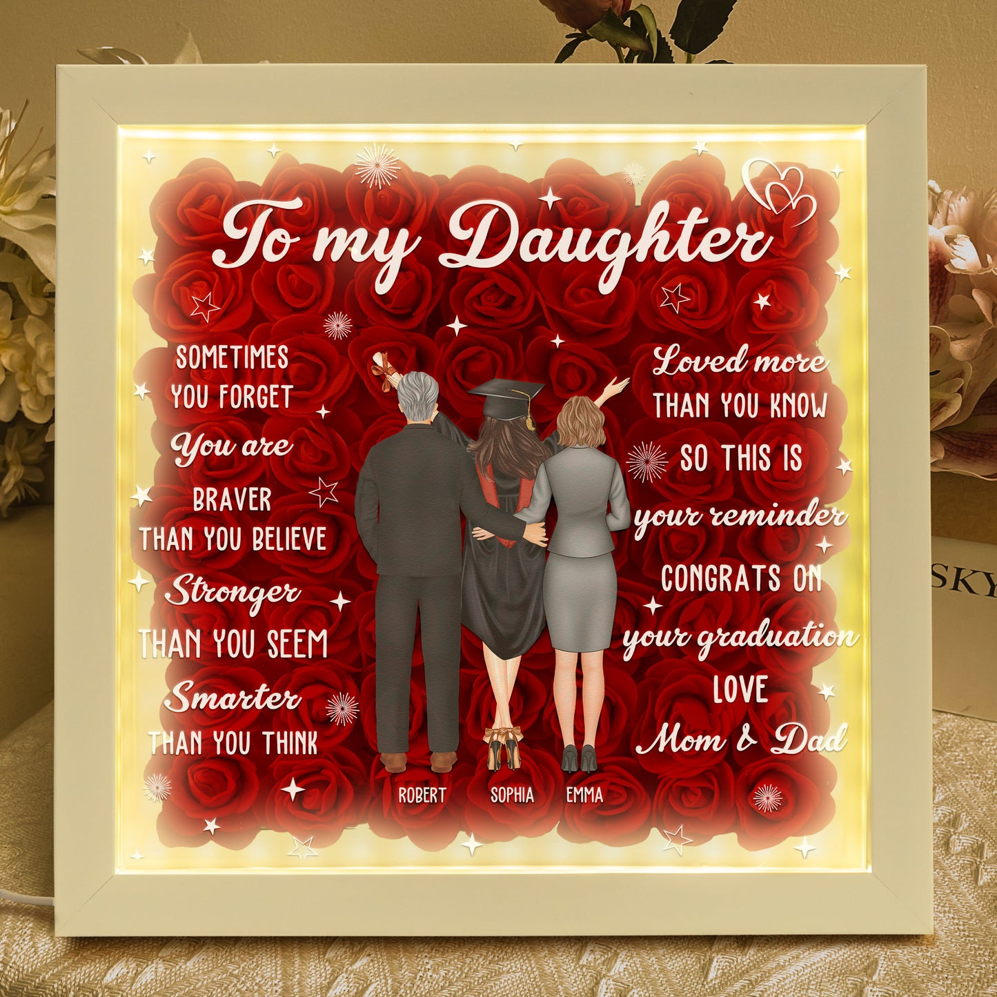 Flowers Graduation Gift For Daughter - Personalized Flower Shadow Box With LED Light