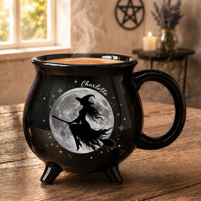 Flying Broom Witch Silhouette Full Moon Halloween - Personalized Mug