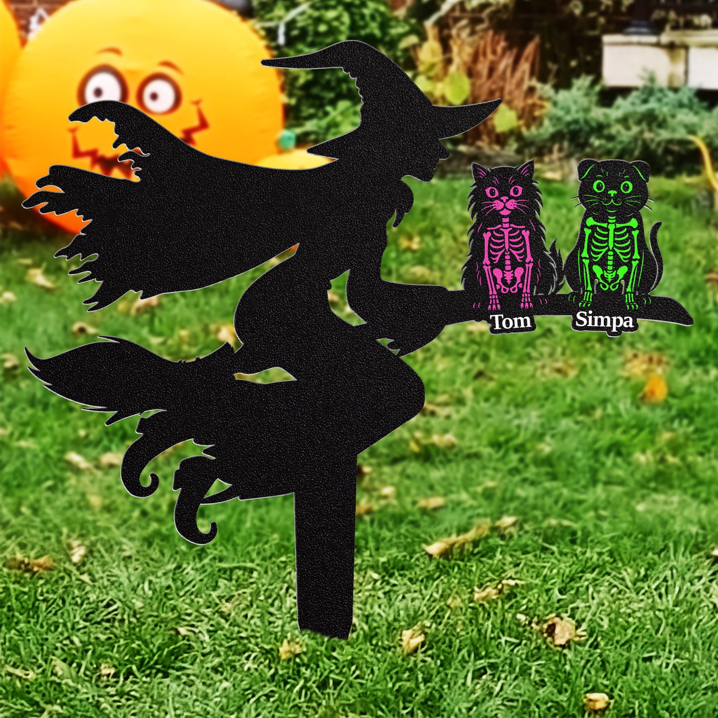 Flying Witch On Broom With Cat Skeleton Halloween - Personalized Metal Garden Stake