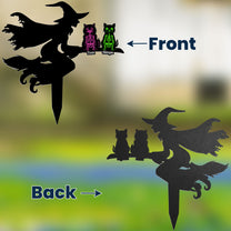 Flying Witch On Broom With Cat Skeleton Halloween - Personalized Metal Garden Stake