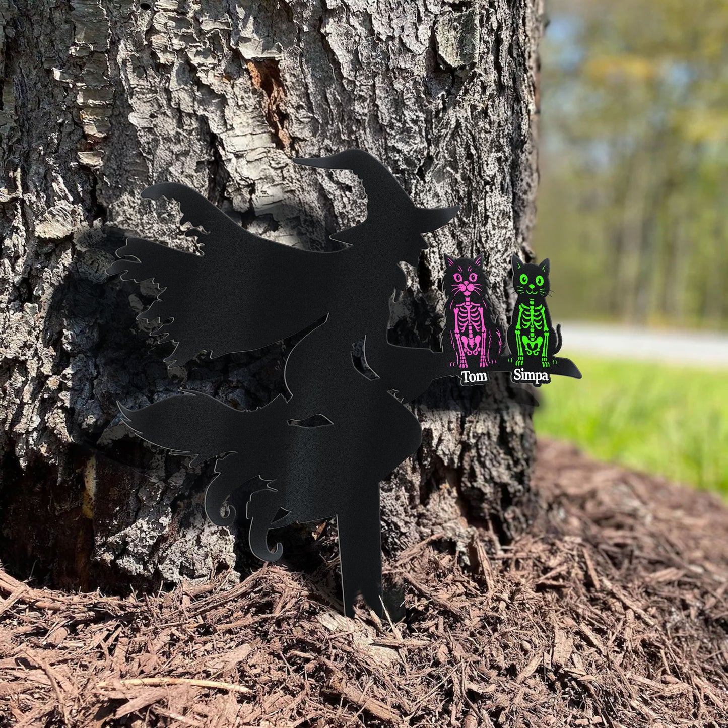 Flying Witch On Broom With Cat Skeleton Halloween - Personalized Metal Garden Stake