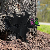 Flying Witch On Broom With Cat Skeleton Halloween - Personalized Metal Garden Stake