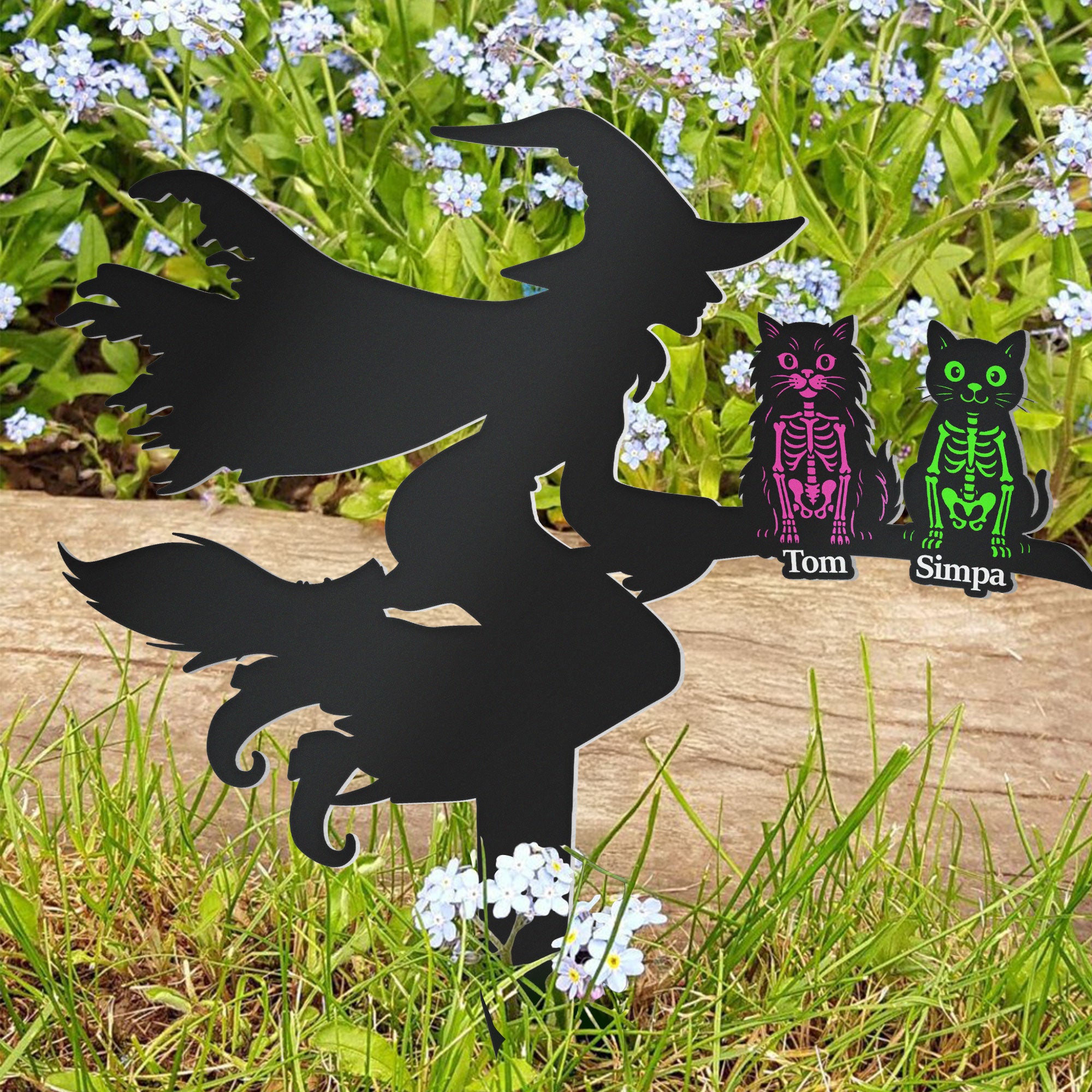 Flying Witch On Broom With Cat Skeleton Halloween - Personalized Metal Garden Stake