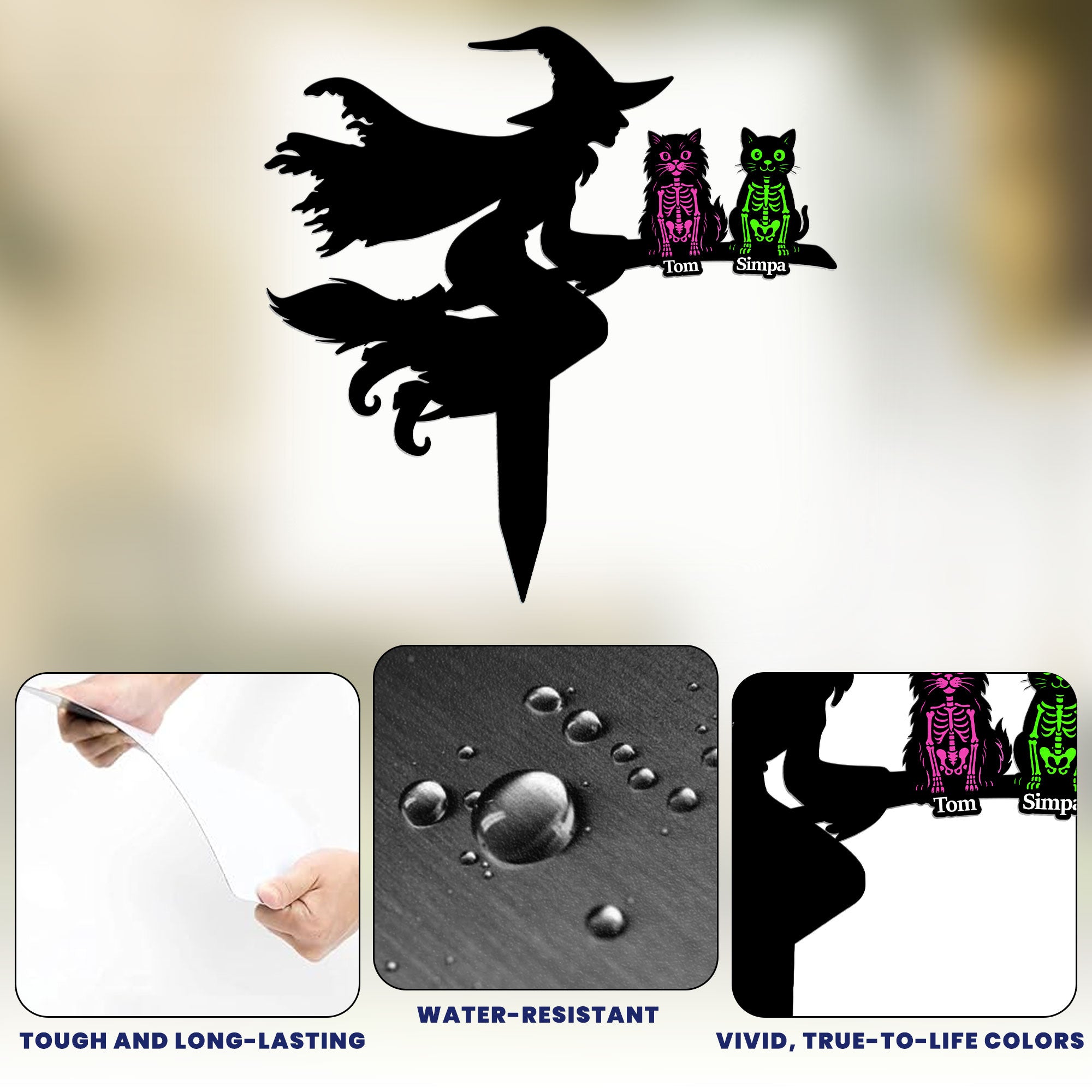 Flying Witch On Broom With Cat Skeleton Halloween - Personalized Metal Garden Stake