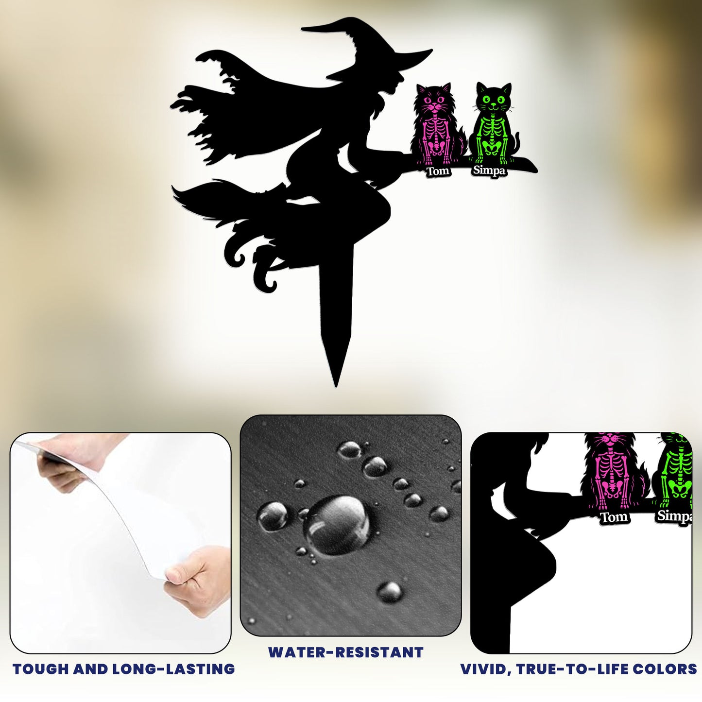 Flying Witch On Broom With Cat Skeleton Halloween - Personalized Metal Garden Stake