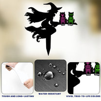 Flying Witch On Broom With Cat Skeleton Halloween - Personalized Metal Garden Stake