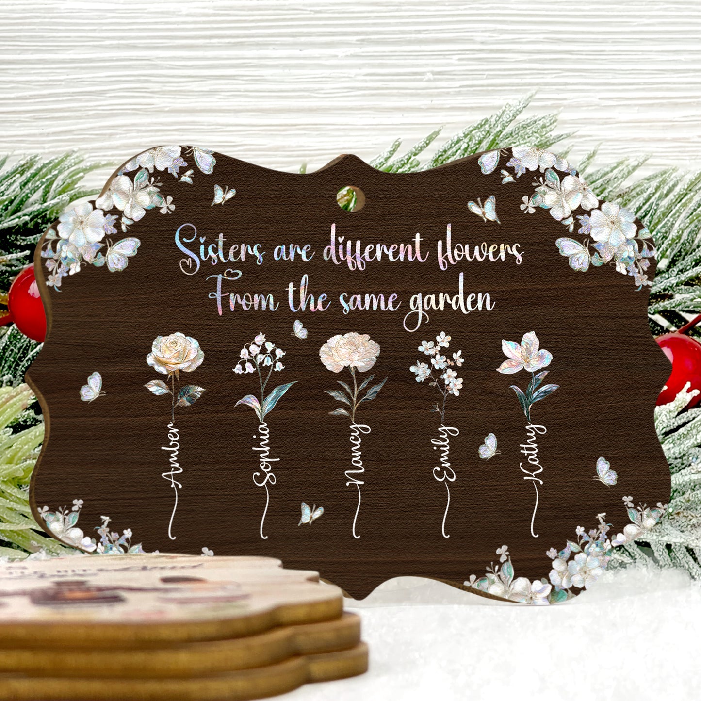 For Besties Sisters Custom Birth Flowers Pearl Effect Printed - Personalized Aluminum/Wooden Ornament