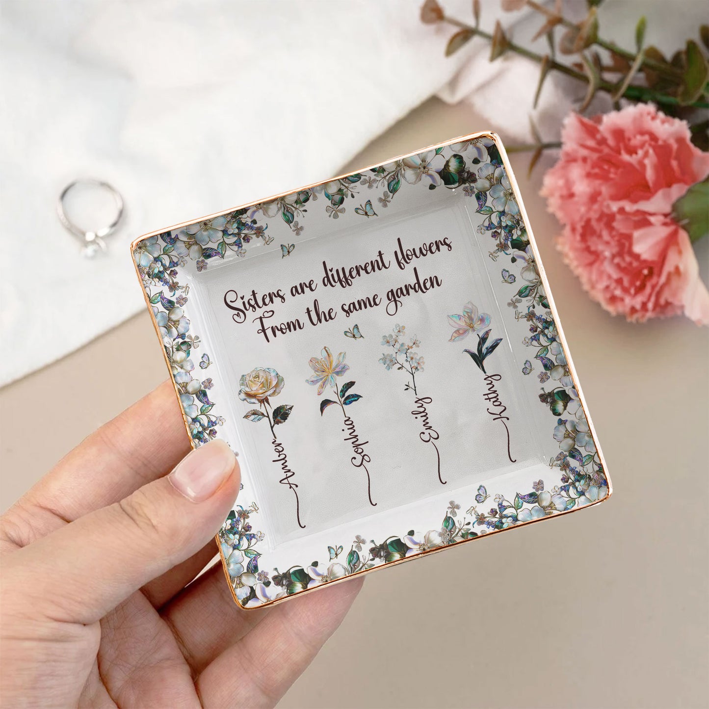 For Besties Sisters Custom Birth Flowers Pearl Effect Printed - Personalized Jewelry Dish