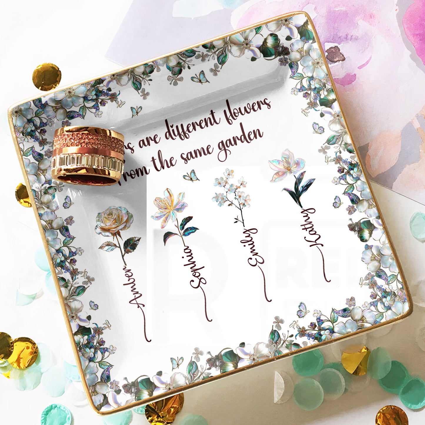 For Besties Sisters Custom Birth Flowers Pearl Effect Printed - Personalized Jewelry Dish