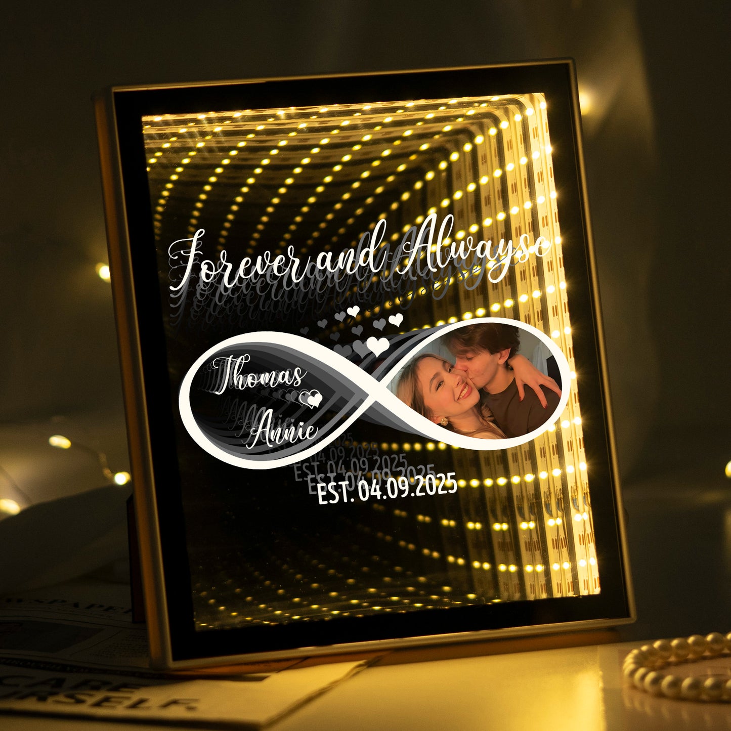Forever And Always Infinity Love, Romantic Gifts For Her - Personalized Infinity Mirror Light Photo Box