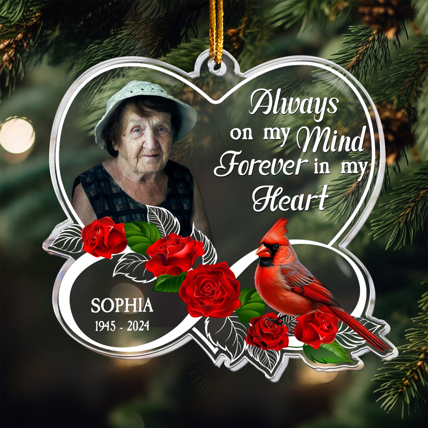 Forever In My Heart Memorial Cardinal Rose - Personalized Acrylic Photo Ornament