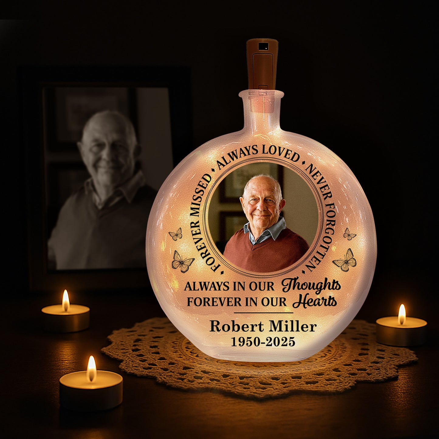 Forever Missed Always Loved Never Forgotten - Personalized Photo Round Flat Bottle Light