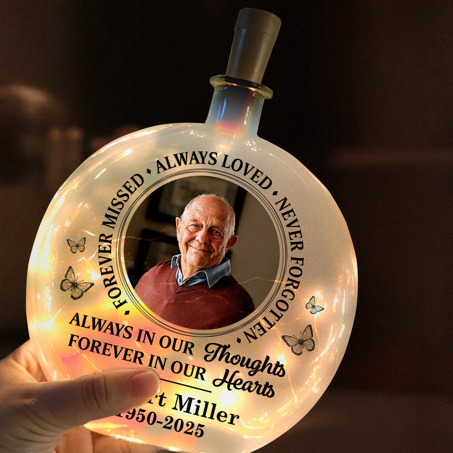 Forever Missed Always Loved Never Forgotten - Personalized Photo Round Flat Bottle Light