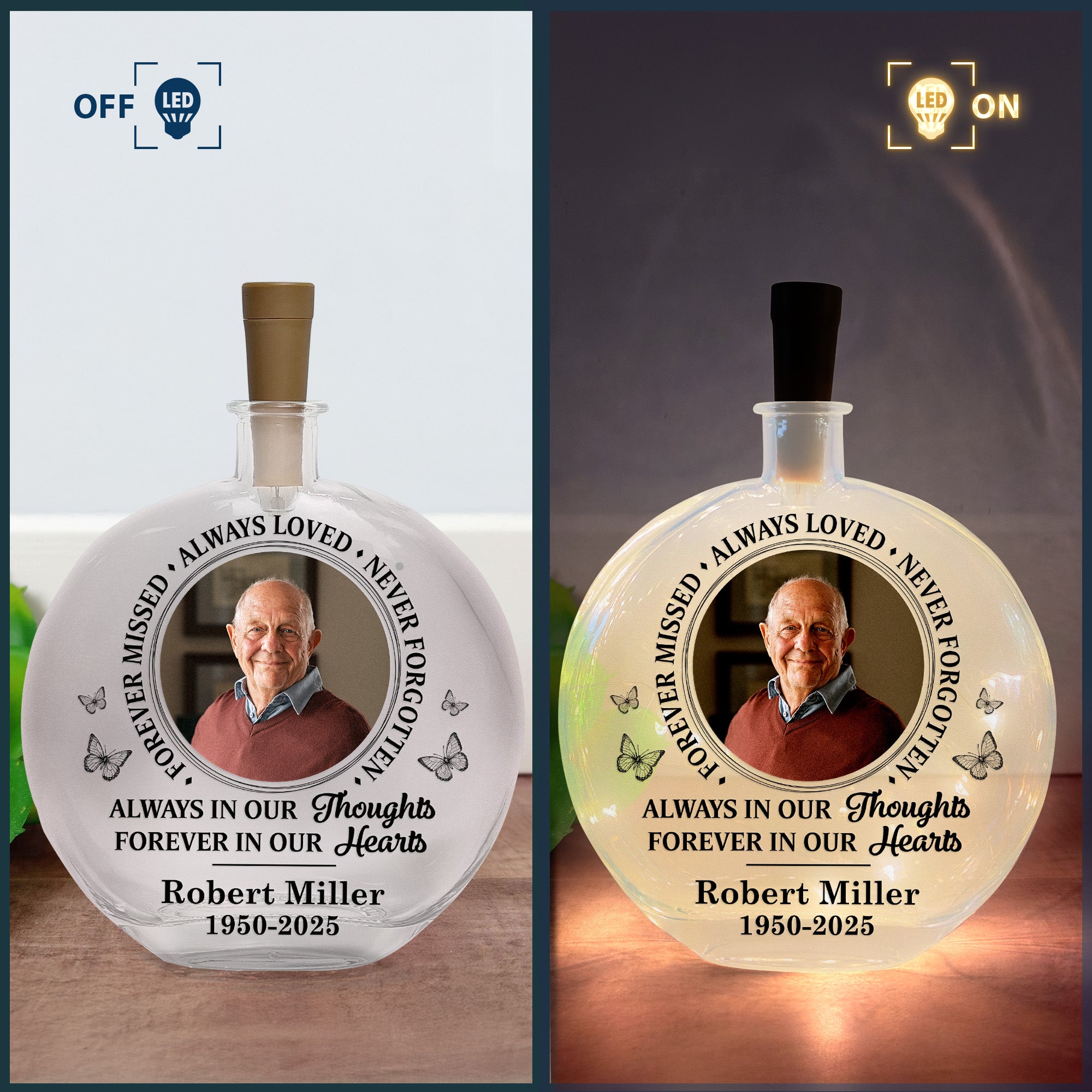 Forever Missed Always Loved Never Forgotten - Personalized Photo Round Flat Bottle Light