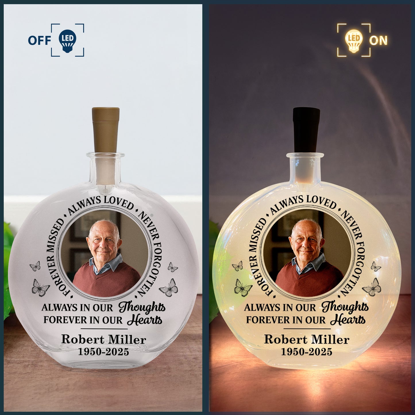 Forever Missed Always Loved Never Forgotten - Personalized Photo Round Flat Bottle Light