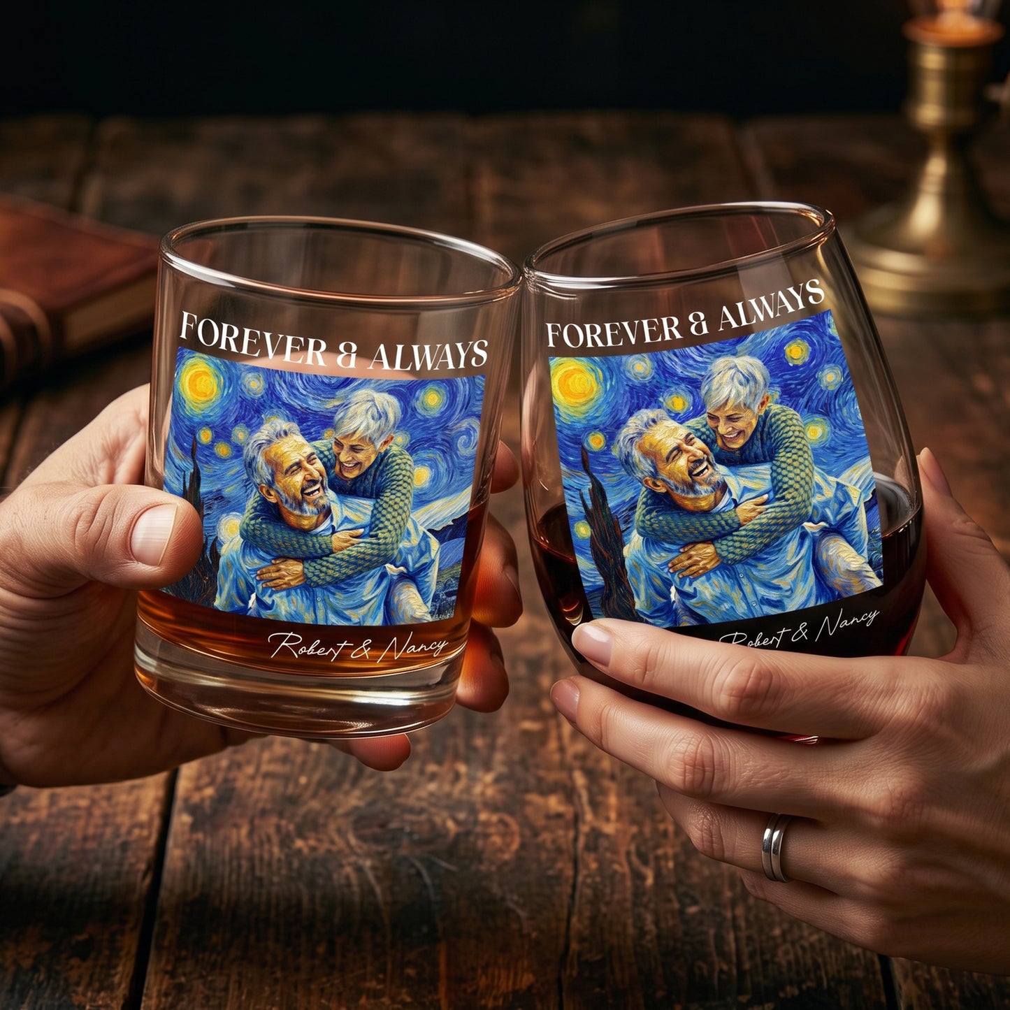 Forever & Always Couple Photo Van Gogh Art - Personalized Whiskey Glass And Wine Glass Set