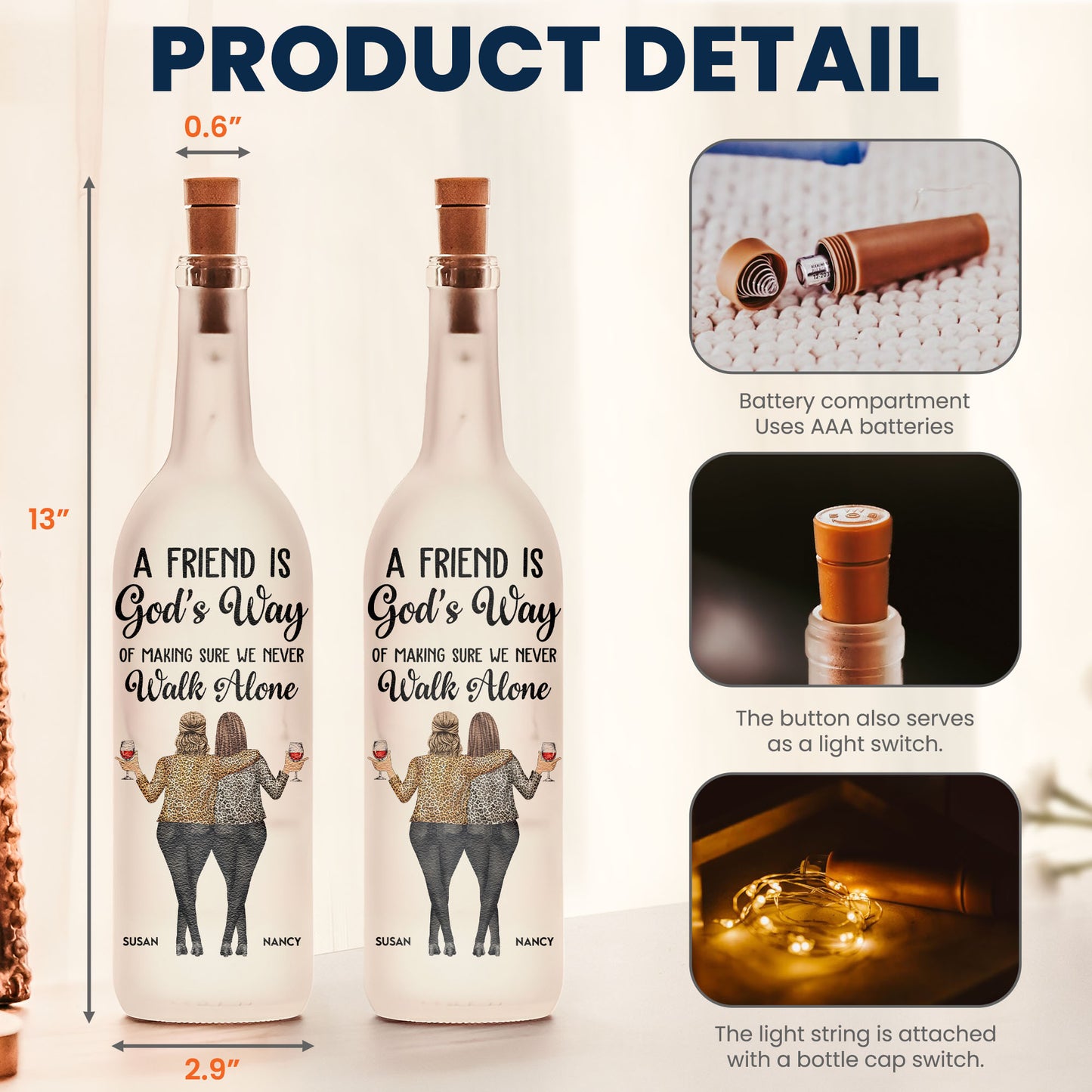 Friend - We Never Walk Alone - Personalized Bottle Lamp