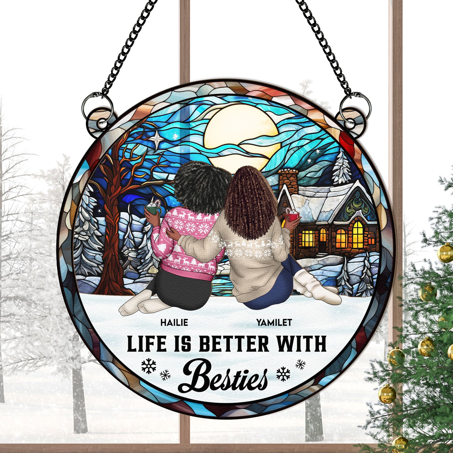 Friend, Sister Sitting Together - Personalized Window Hanging Suncatcher Ornament