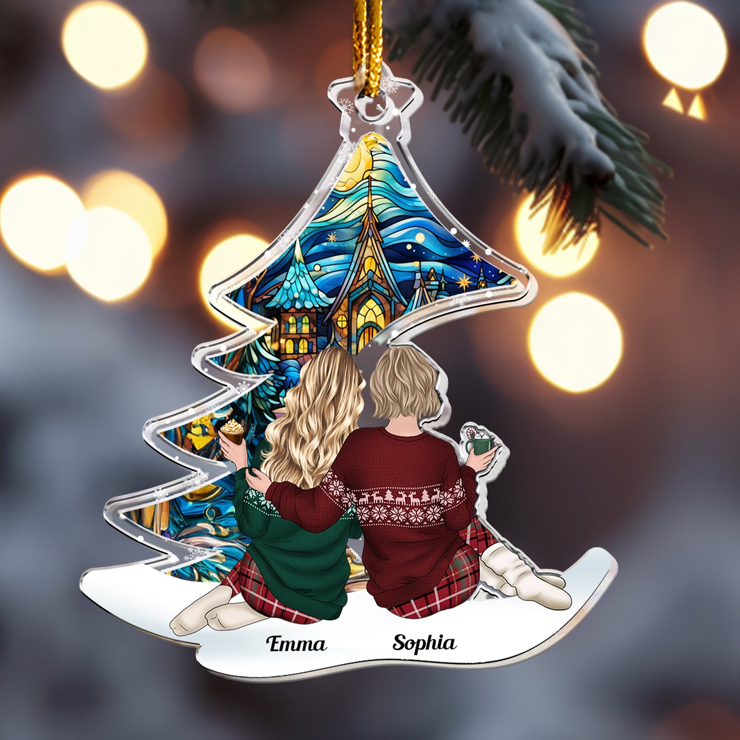 Friends Besties, Family Sitting Under Christmas Tree - Personalized Acrylic Ornament