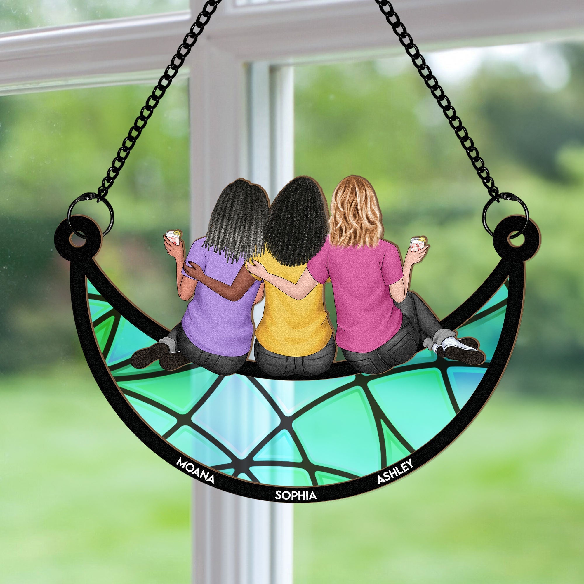 Friends, Sisters Sitting On The Moon - Personalized Window Hanging Suncatcher Ornament - Gifts For Women