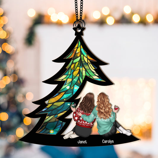 Friends Sitting Under Christmas Tree - Personalized Window Hanging Suncatcher Ornament