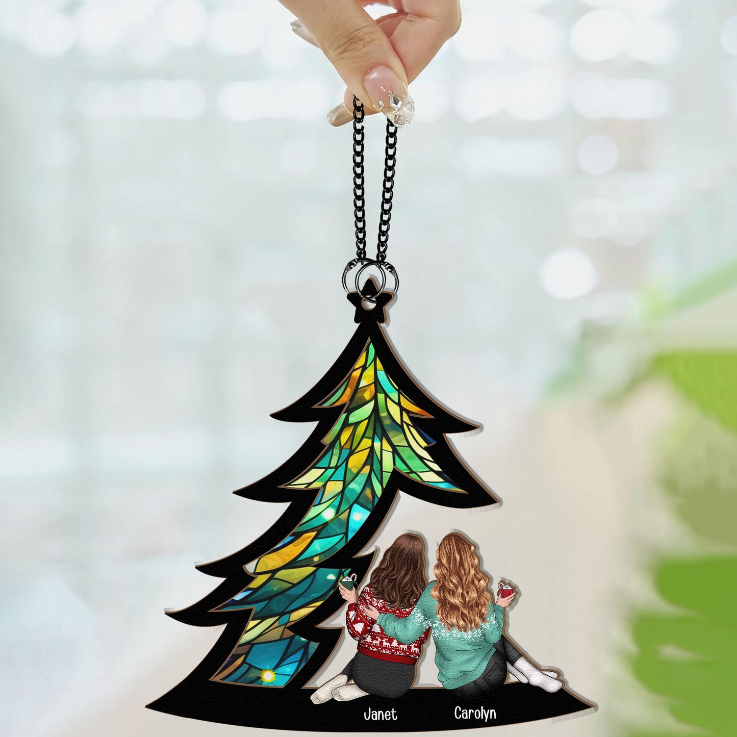 Friends Sitting Under Christmas Tree - Personalized Window Hanging Suncatcher Ornament