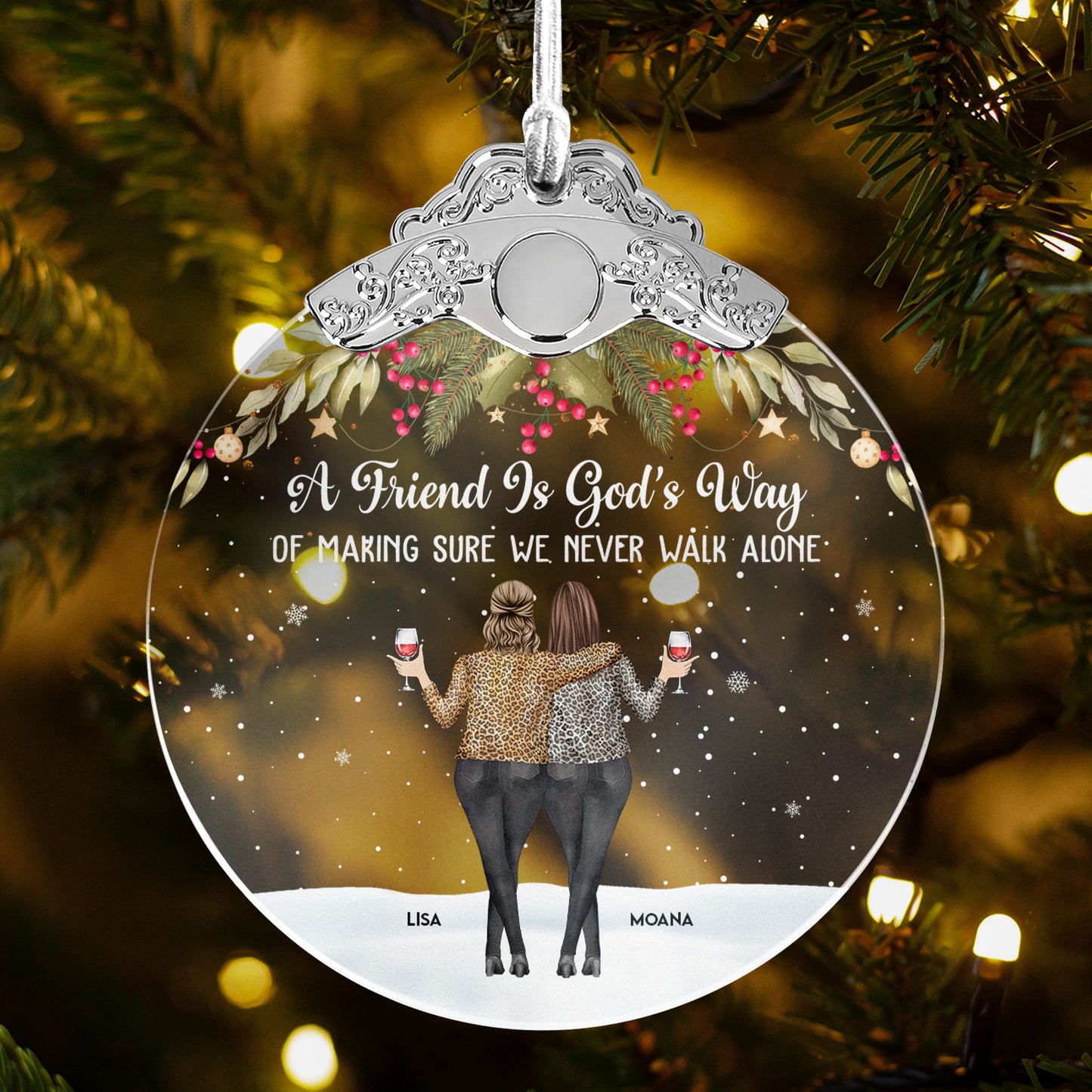 Friends We Never Walk Alone - Personalized Glass Ornament With Silver Cap
