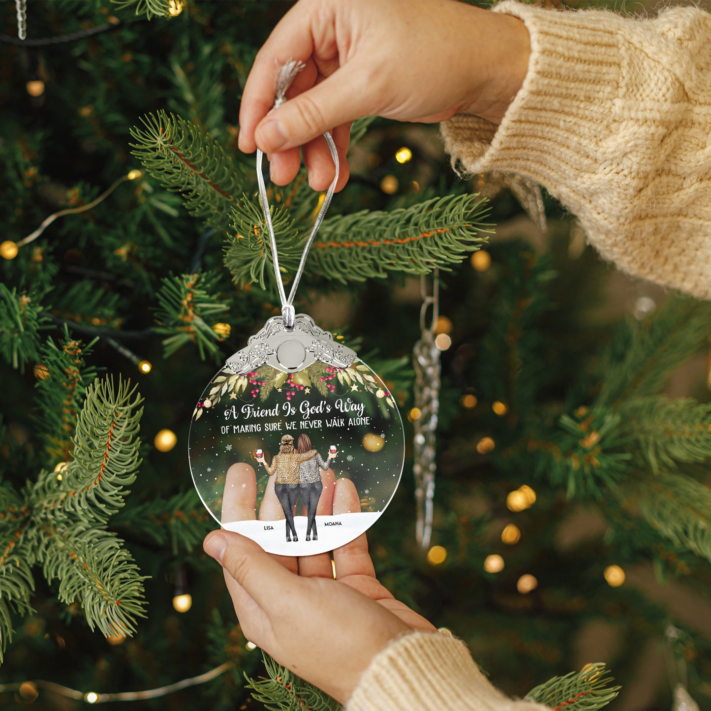Friends We Never Walk Alone - Personalized Glass Ornament With Silver Cap