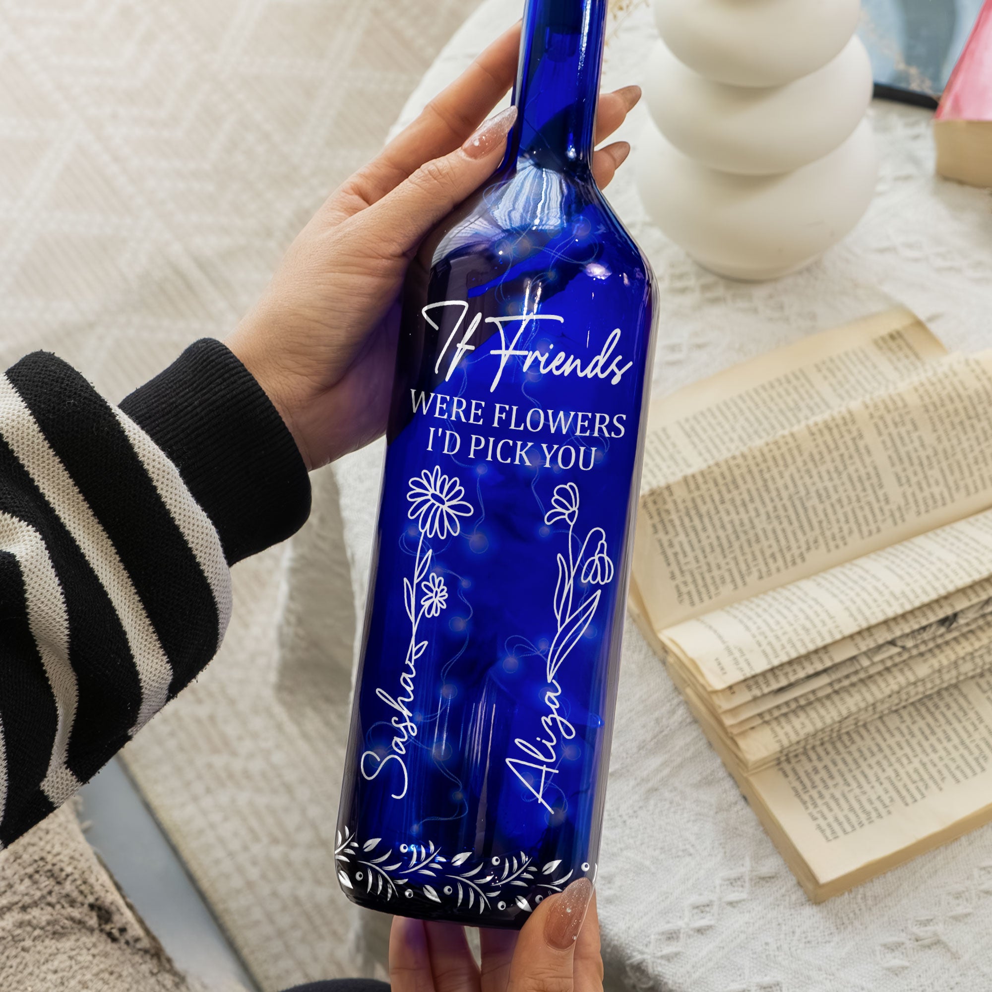 Friends Were Flowers I'd Pick You - Personalized Blue Bottle Lamp