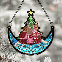 Friends, Family Sitting Under Christmas Tree On The Moon - Personalized Window Hanging Suncatcher Ornament