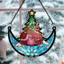 Friends, Family Sitting Under Christmas Tree On The Moon - Personalized Window Hanging Suncatcher Ornament