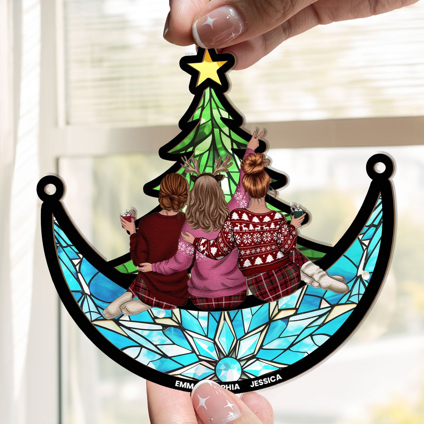 Friends, Family Sitting Under Christmas Tree On The Moon - Personalized Window Hanging Suncatcher Ornament